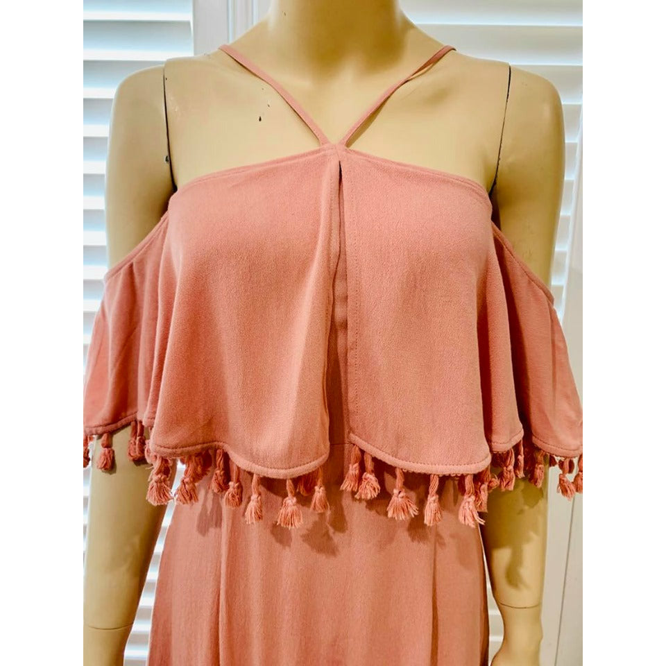 Isabella Boho Cold Shoulder Tassel Maxi Dress XS