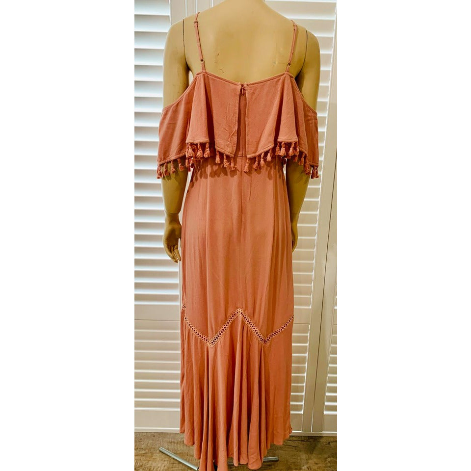 Isabella Boho Cold Shoulder Tassel Maxi Dress XS