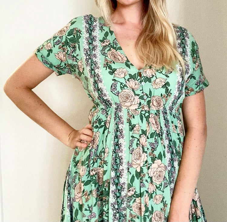 Jaase Green Floral Maxi Dress Large