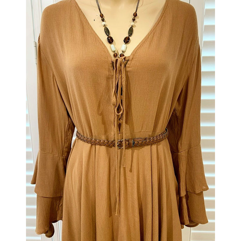 Talisman Ruffle Sleeve Midi Dress in ‘warm rust’  | Size S