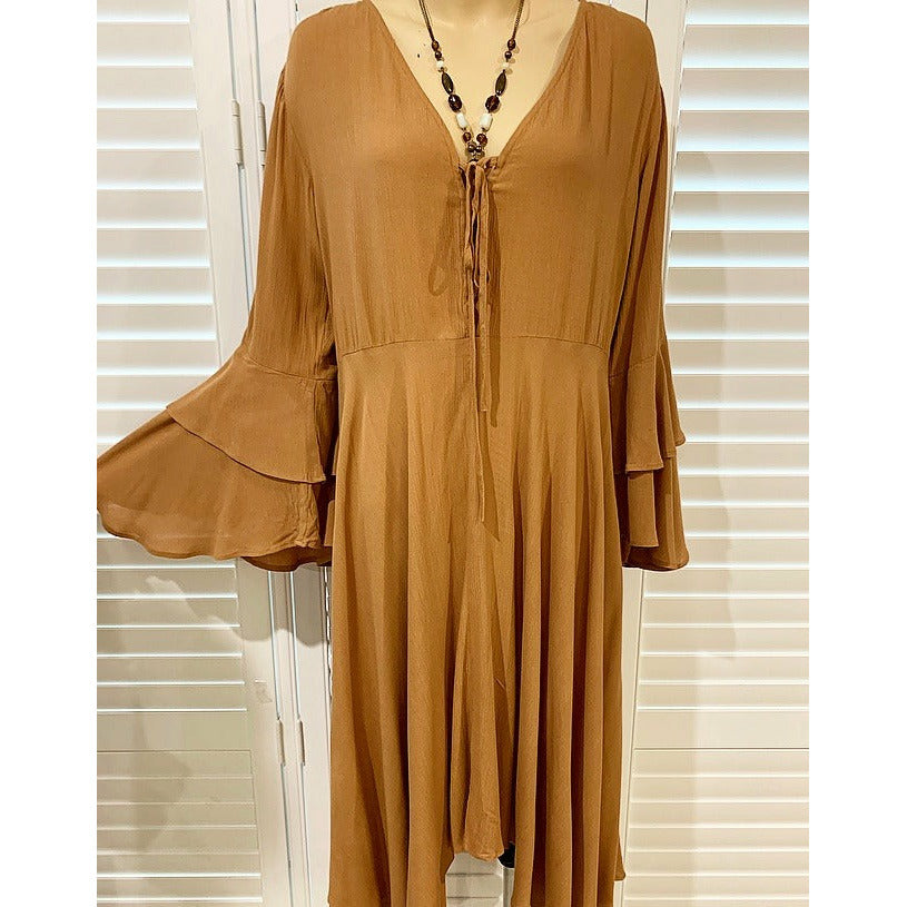 Talisman Ruffle Sleeve Midi Dress in ‘warm rust’  | Size S