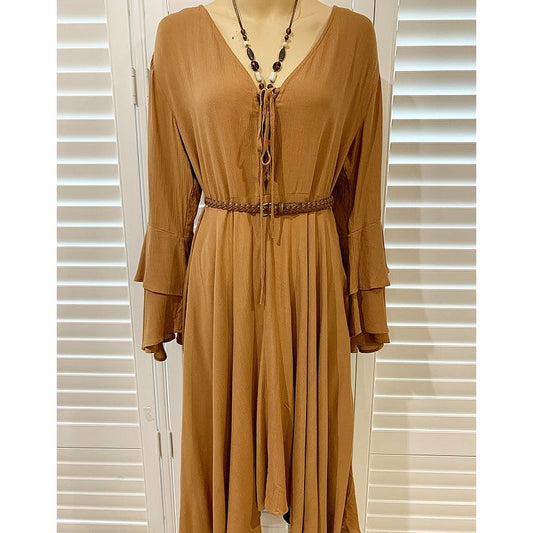 Talisman Ruffle Sleeve Midi Dress in ‘warm rust’  | Size S
