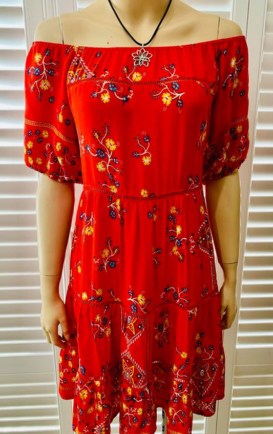 Jaase Off Shoulder Red Floral Mini Dress Small
